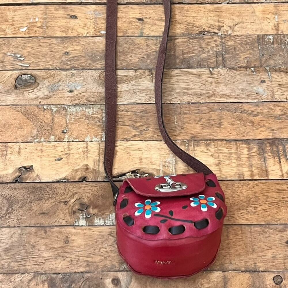 Pink Hand Tooled Mexican Latigo Leather Mini Purse Blue Flowers Hippie